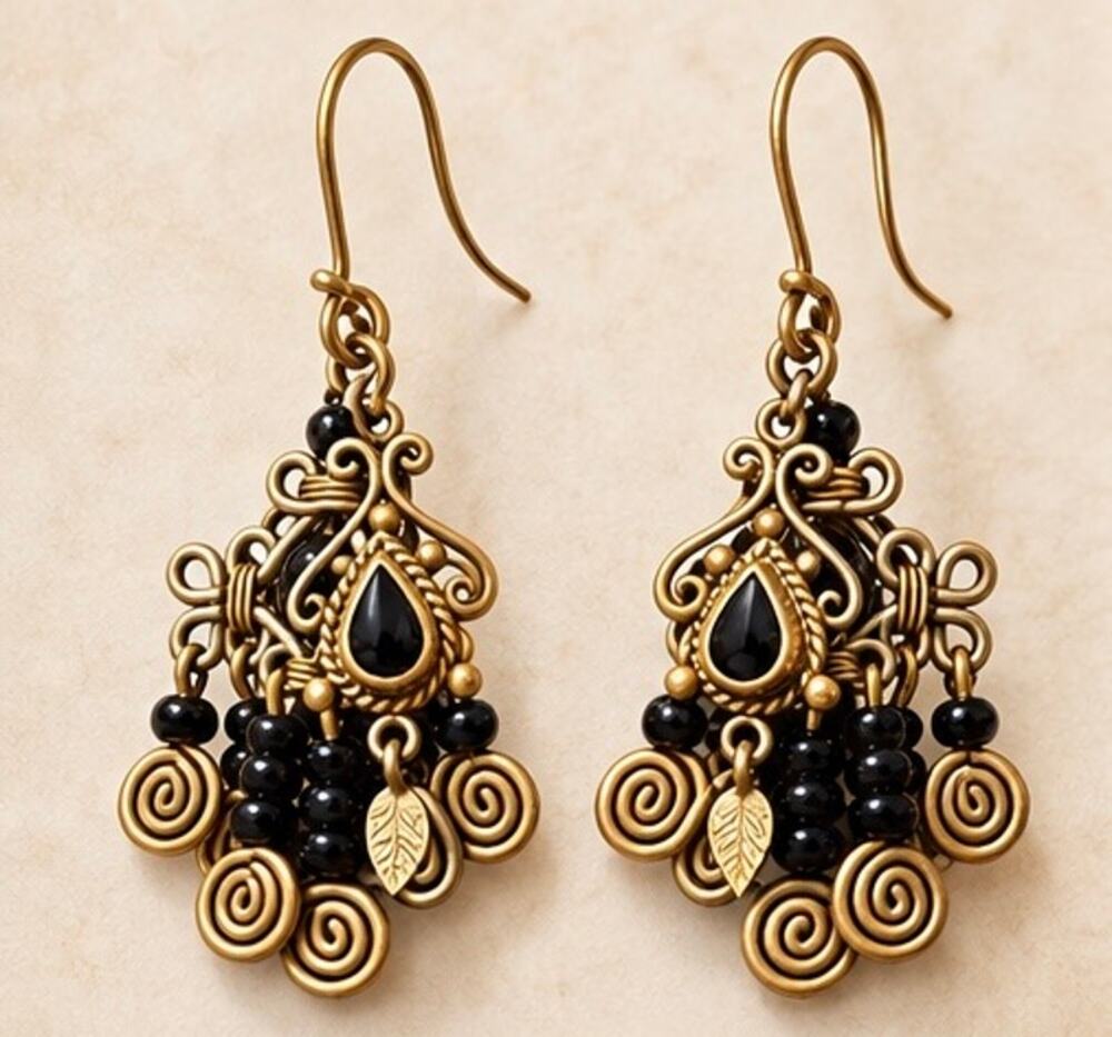 Black Beaded Filigree Dangle Earrings with Spiral Charms
